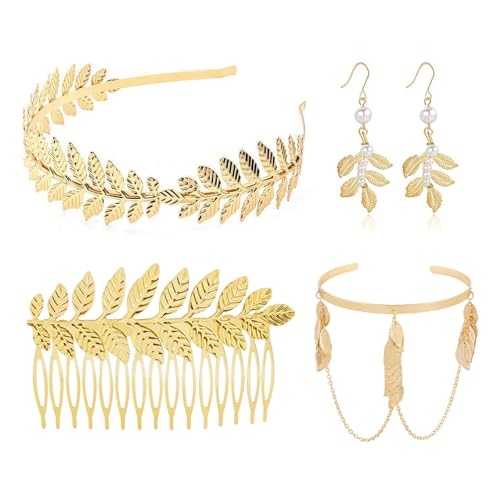 FUIPVGI 4 Stück Griechische Göttin Kostüm Zubehör, Braut Krone Tiara, Lorbeerkranz Haarspange Armband Goldene Hochzeit Boho Blatt Haar Krone Accessories, für Party Halloween (Golden) von FUIPVGI