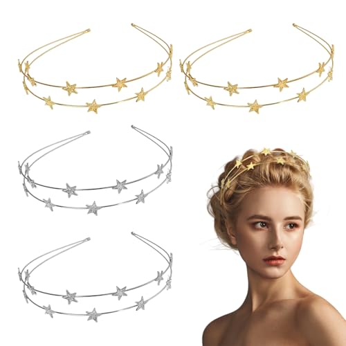 FUIPVGI 4 Stück Stern Doppelschicht-Haarspangen, Stern-Stirnband, Metall-Stern-Haarband, Strass Krone Stirnband, Glitzer Stern Kronen Haarband, Feen Kopfschmuck, für Frauen Party Braut Brautjungfern von FUIPVGI