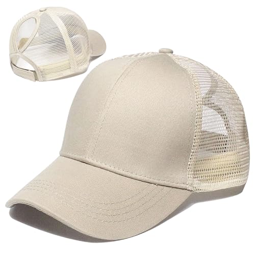 FUIPVGI Dame Baseball Kappe, Sonnenhut mit Zopfloch, Pferdeschwanz Baseballkappe, Atmungsaktiv Einstellbare Masche Atmungsaktiv Basecap Kappe Schirmmütze Sonnenschutz Kopf Damen Mädchen (Beige) von FUIPVGI