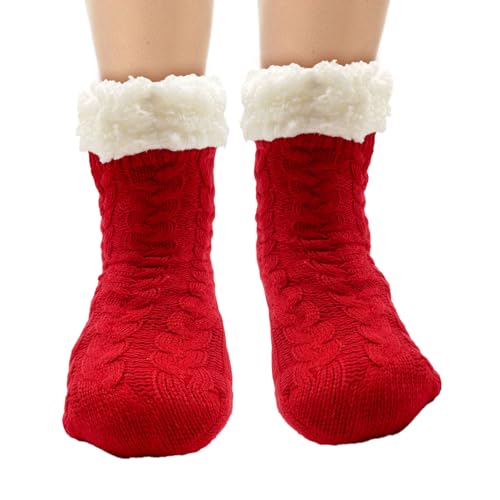 FUIPVGI Hüttensocken Kuschelsocken Damen, Flauschig Haussocken Weihnachtssocken Winter Thermosocken Rutschfest Stoppersocken mit Wolle Dicke Hausschuhe Socken (Weinrot） von FUIPVGI