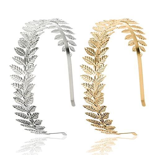 2 Stück Haarband Römische Göttin Haarreif, FUKPO Griechische Haarreifen Damen Mädchen Kopfschmuck, Stirnband Lorbeerkranz Gold Silber Haarschmuck Golden Hochzeit Braut Krone Schmuck Accessoires von FUKPO