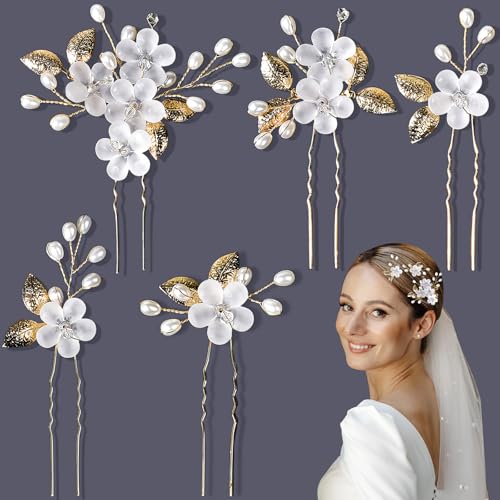 5 Stück Haarschmuck Hochzeit Weiß Gold, FUKPO Braut Haarschmuck Blumen Spange Brautschmuck Haare Perlen, Haarspange Haarnadeln Hochzeit Blätter von FUKPO