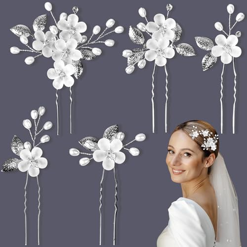 5 Stück Haarschmuck Hochzeit Weiß Silber, FUKPO Braut Haarschmuck Blumen Spange Brautschmuck Haare Perlen, Haarspange Haarnadeln Hochzeit Blätter von FUKPO