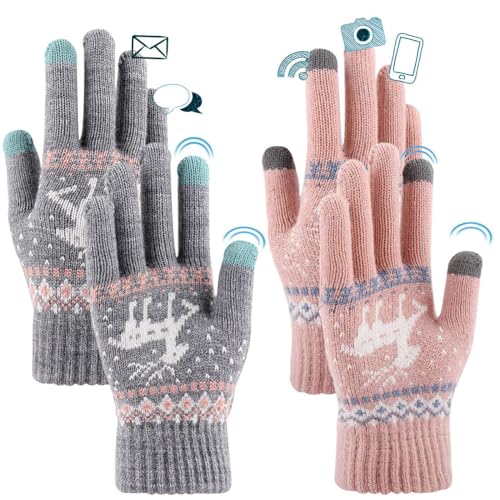 FUKPO 2 Paare Handschuhe Damen Warm Winter Gefüttert, Winterhandschuhe Damen Strickhandschuhe Touchscreen Rosa Grau, Warme Handschuhe Thermo mit Weihnachten Rentier Muster von FUKPO