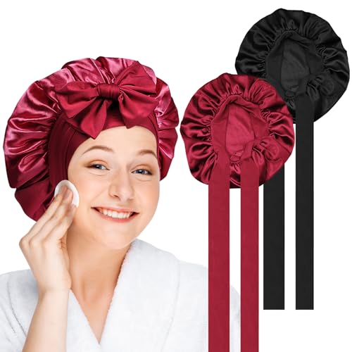 FUKPO 2 Stück Seidenhaube zum Schlafen, Silk Bonnet Sleep Cap Schlafmütze Damen Satin Haarhaube für Die Nacht Schlafhaube Seide, Seidentuch Haare Schützen Lockenhaube Kopfhaube Schlafen Bonet von FUKPO