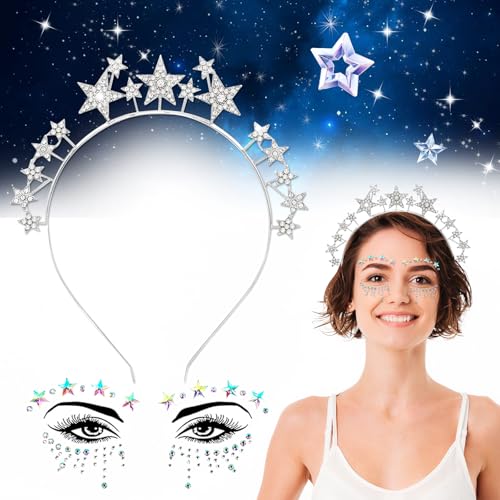 Haarreif Karneval Damen Glitzer Set, FUKPO Haarreif Sterne Kinder Mädchen Silber Weiß, Silberne Stern Haarreifen Glitzersteine Strasssteine Gesicht Edelsteine Temporäre Tattoos Sternen Bunt von FUKPO