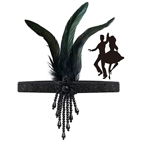 Kopfschmuck 20er Jahre Accessoires, FUKPO 1920s Stirnband Damen Haarreif Gatsby Kostüm Flapper Federn Haarband Schwarz von FUKPO
