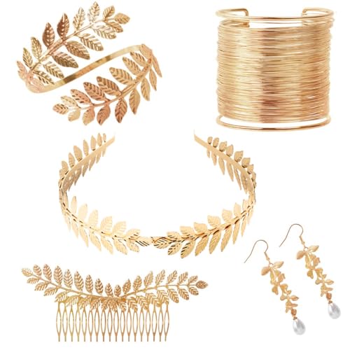 Lorbeerkranz Haarreif Kopfschmuck Gold Set, Griechische Göttin Goldener Schmuck Kostüm Zubehör Damen, Goldene Krone Stirnband Blatt Spule Oberarmreif Armband Ohrringe Metall Haarschmuck Accessoires von FUKPO