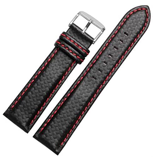 FUKUZL 18 mm 20 mm 21 mm 22 mm 23 mm 23 mm langlebiger Orangennähte Kohlefaser Herren schwarzes rotes echtes Leder mit silbernen Verschluss Uhrenbandband(Color:Black red,Size:18mm) von FUKUZL