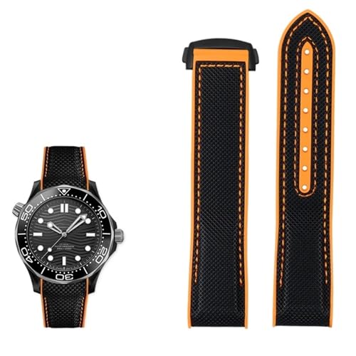FUKUZL 20mm 22mm Nylon Gummi Armband für Omega SEAMASTER PLANET OCEAN Männer Faltschließe Band Uhr Zubehör Silikon Uhr(Color:Black orange black,Size:22mm) von FUKUZL