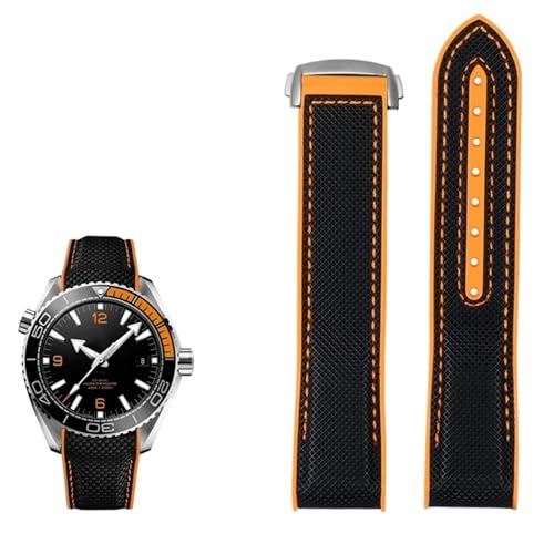 FUKUZL 20mm 22mm Nylon Gummi Armband für Omega SEAMASTER PLANET OCEAN Männer Faltschließe Band Uhr Zubehör Silikon Uhr(Color:Black orange silver,Size:20mm) von FUKUZL