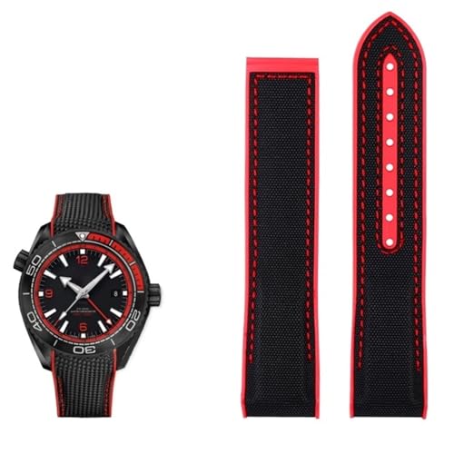 FUKUZL 20mm 22mm Nylon Gummi Armband für Omega SEAMASTER PLANET OCEAN Männer Faltschließe Band Uhr Zubehör Silikon Uhr(Color:Black red,Size:20mm) von FUKUZL