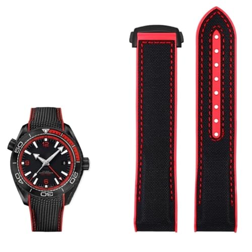 FUKUZL 20mm 22mm Nylon Gummi Armband für Omega SEAMASTER PLANET OCEAN Männer Faltschließe Band Uhr Zubehör Silikon Uhr(Color:Black red black,Size:20mm) von FUKUZL