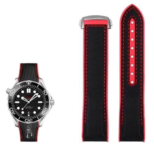 FUKUZL 20mm 22mm Nylon Gummi Armband für Omega SEAMASTER PLANET OCEAN Männer Faltschließe Band Uhr Zubehör Silikon Uhr(Color:Black red silver,Size:20mm) von FUKUZL