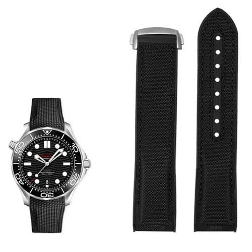 FUKUZL 20mm 22mm Nylon Gummi Armband für Omega SEAMASTER PLANET OCEAN Männer Faltschließe Band Uhr Zubehör Silikon Uhr(Color:Black silver,Size:22mm) von FUKUZL