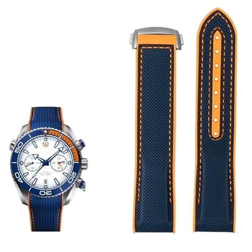 FUKUZL 20mm 22mm Nylon Gummi Armband für Omega SEAMASTER PLANET OCEAN Männer Faltschließe Band Uhr Zubehör Silikon Uhr(Color:Blue orange silver,Size:20mm) von FUKUZL