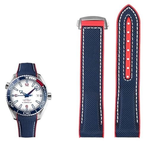 FUKUZL 20mm 22mm Nylon Gummi Armband für Omega SEAMASTER PLANET OCEAN Männer Faltschließe Band Uhr Zubehör Silikon Uhr(Color:Blue red silver,Size:22mm) von FUKUZL