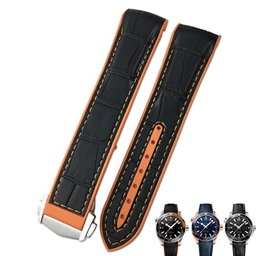 FUKUZL 20mm 22mm Rindsleder-Uhrenarmbänder für Omega Seamaster 300 Speedmaster DE VILLE Uhrenarmband für Herrenarmband Punktschnalle(Color:Black orange orange,Size:22mm) von FUKUZL