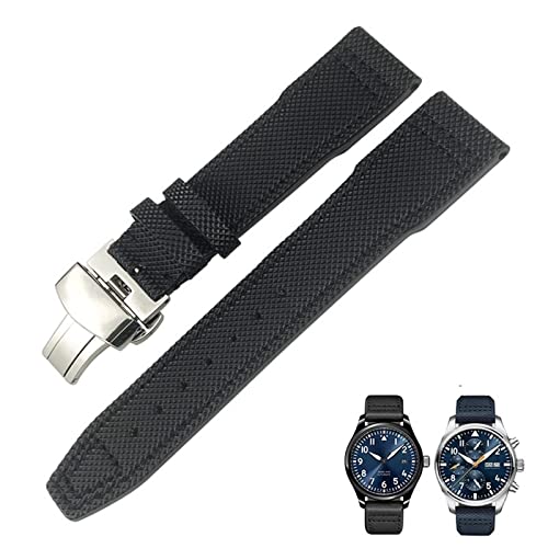 FUKUZL 21mm 20mm Nylon Kalbsleder Schwarz Blau Grün Uhrenarmband Passend für IWC IW377714 MARK18 PILOT STOP GUN Lederuhrenarmbänder(Color:Black,Size:20mm black clasp) von FUKUZL