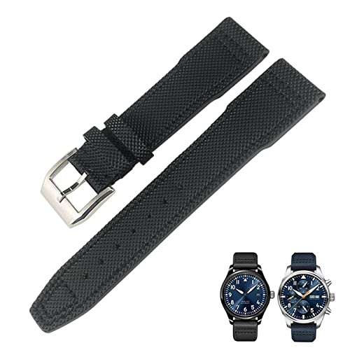 FUKUZL 21mm 20mm Nylon Kalbsleder Schwarz Blau Grün Uhrenarmband Passend für IWC IW377714 MARK18 PILOT STOP GUN Lederuhrenarmbänder(Color:Black pin,Size:20mm silver clasp) von FUKUZL