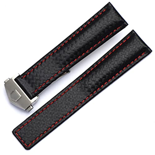 FUKUZL Für TAG Heuer Armband Carbon Fiber Texture Rindsleder unten SCHWARZ ROT Armband 20mm 22mm mit Faltschließe (Color : Black red silver, Size : 22mm) von FUKUZL