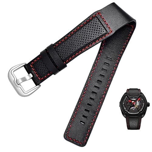 FUKUZL Kuhhaftläden -Leder -Uhrenband für Dietrich OTC-AO1 OT-3 Riemen schwarz 24mm Armband Stomata Cowhide Schwarze Armbanduhr(Color:Black red silver) von FUKUZL