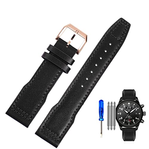 FUKUZL Uhrenarmband aus echtem Leder für IWC Pilots Little Prince Male Mark 18 Big Fly Portugal, weiches, bequemes Armband, 20 mm Armband(Color:Black-rose gold-K10,Size:21mm) von FUKUZL