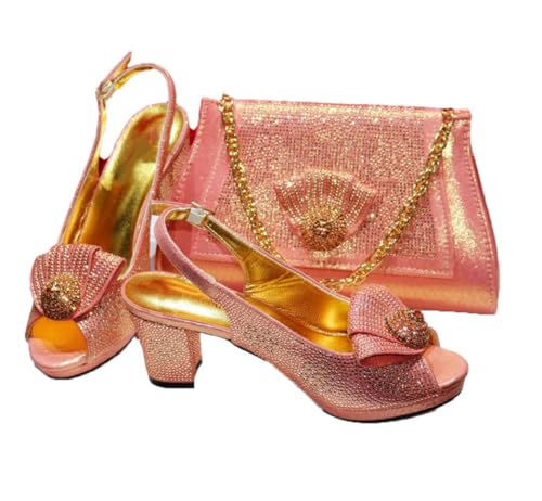 Damen Peep-Toe Hochzeit Sandalen Tasche Set Party Pumps Schuhe mit passender Clutch für Braut, pfirsich, 40.5 EU von FULBHPRINT