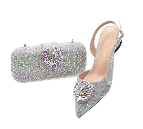 Damen afrikanische Schuhe und passende Tasche Set Strass verziert Absatzpumps nigerianische Hochzeit und Party, silber, 41.5 EU Damen afrikanische Schuhe und passende Tasche Set Strass verziert Absatzpumps nigerianische Hochzeit und Party, silber, 41.5 EU von FULBHPRINT