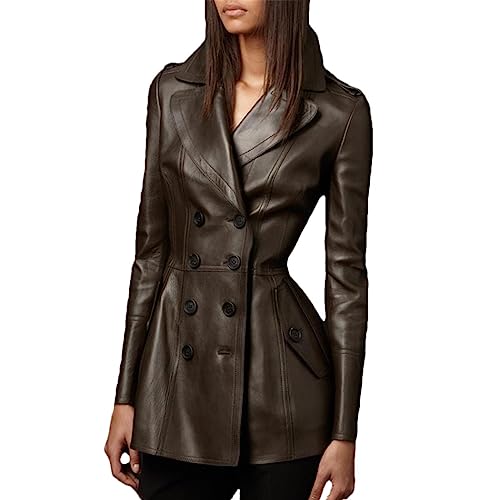 FULBHPRINT Brauner Leder-Trenchcoat Im Britischen Stil Für Damen, Zweireihiger, Taillierter Kunstleder-Blazer von FULBHPRINT