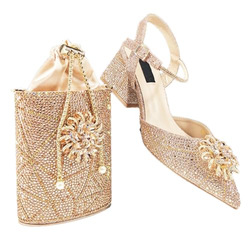 FULBHPRINT Damen Luxus High Heel Diamant Tasche Set Nigerianische Party Schuhe Oval Clutch mit Strass für Hochzeit, pfirsich, 42 EU von FULBHPRINT