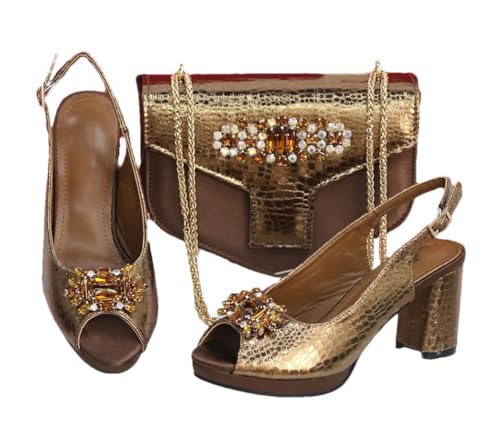 FULBHPRINT Damen Open-Toe Heels Strass Tasche Set Mode Party Schuhe mit passender Clutch, coffee, 43.5 EU von FULBHPRINT