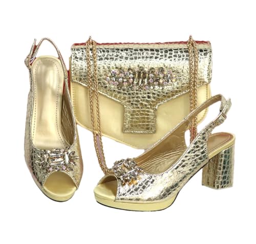 FULBHPRINT Damen Open-Toe Heels Strass Tasche Set Mode Party Schuhe mit passender Clutch, gold, 41.5 EU von FULBHPRINT