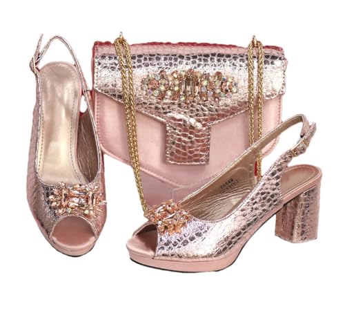 FULBHPRINT Damen Open-Toe Heels Strass Tasche Set Mode Party Schuhe mit passender Clutch, pfirsich, 43.5 EU von FULBHPRINT