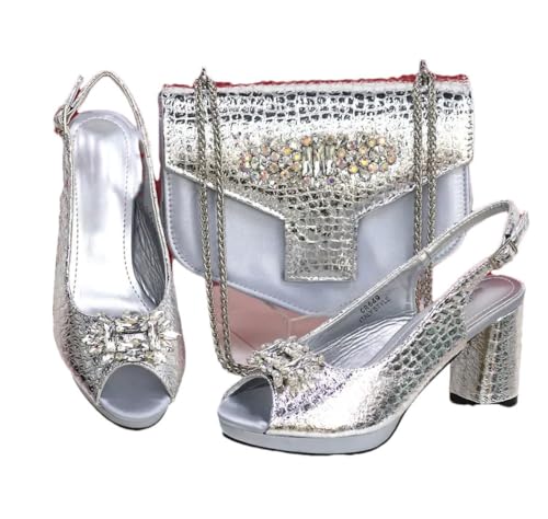FULBHPRINT Damen Open-Toe Heels Strass Tasche Set Mode Party Schuhe mit passender Clutch, silber, 40.5 EU von FULBHPRINT