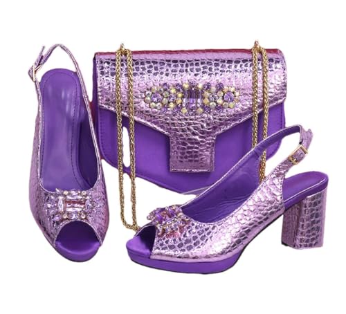FULBHPRINT Damen Open-Toe Heels Strass Tasche Set Mode Party Schuhe mit passender Clutch, violett, 40.5 EU von FULBHPRINT