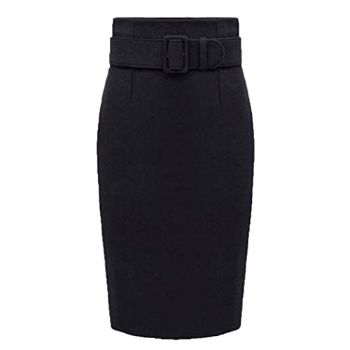 FULBHPRINT Damen Winter Wolle Bleistiftrock Baumwolle Taille Hohe Taille Reißverschluss Casual Party Knielang Kaschmir Rock, Schwarz , 40 von FULBHPRINT