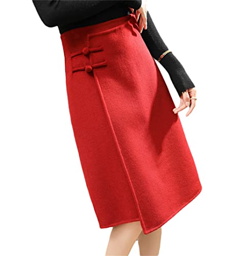 FULBHPRINT Herbst Winter Slim Doppelseitiger Wollrock Einfarbig Lang Damen Halblanger Kaschmir Rock, rot, 44 von FULBHPRINT