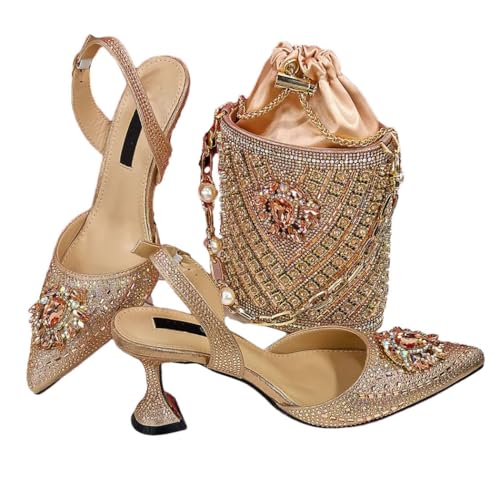 FULBHPRINT Nigerianische Hochzeit Heels Strass Tasche Set Damen Italienische Stlye Party Pumps mit passender Clutch für Braut, champagnerfarben, 43 EU FULBHPRINT Nigerianische Hochzeit Heels Strass Tasche Set Damen Italienische Stlye Party Pumps mit passender Clutch für Braut, champagnerfarben, 43 EU von FULBHPRINT