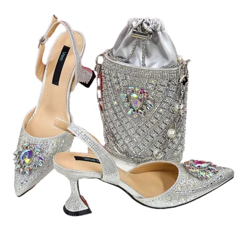 FULBHPRINT Nigerianische Hochzeit Heels Strass Tasche Set Damen Italienische Stlye Party Pumps mit passender Clutch für Braut, silber, 43.5 EU FULBHPRINT Nigerianische Hochzeit Heels Strass Tasche Set Damen Italienische Stlye Party Pumps mit passender Clutch für Braut, silber, 43.5 EU von FULBHPRINT