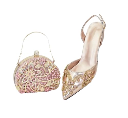 FULBHPRINT Nigerianische Luxus Heels Diamant Tasche Set Damen Italienischer Stil Spitze Pumps mit passender Clutch, Champagner für Set, 41.5 EU FULBHPRINT Nigerianische Luxus Heels Diamant Tasche Set Damen Italienischer Stil Spitze Pumps mit passender Clutch, Champagner für Set, 41.5 EU von FULBHPRINT