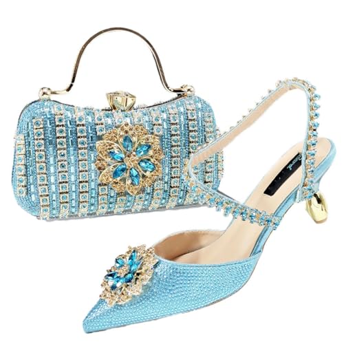 Nigerianischer Stil Strass Heels Gold Tasche Set Italienische Damen Luxus Party Pumps mit Mini Clutch für Hochzeit, himmelblau, 42.5 EU Nigerianischer Stil Strass Heels Gold Tasche Set Italienische Damen Luxus Party Pumps mit Mini Clutch für Hochzeit, himmelblau, 42.5 EU von FULBHPRINT