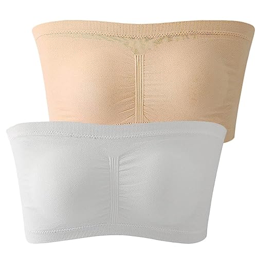 FULIER Bandeau BH Gepolsterter Trägerloser Kabelloser Bralette BH Nahtloser Bandeau Crop Tube Top BH Bralette 2er Pack (Hautfarben, Weiß, 2XL) von FULIER