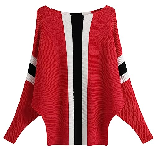 FULIER U-Boot-Ausschnitt-Fledermausärmel-Pullover, lockerer Dolman-Strickpullover, Pullover und Tops für Damen, Einheitsgröße, Rot-2, One size von FULIER