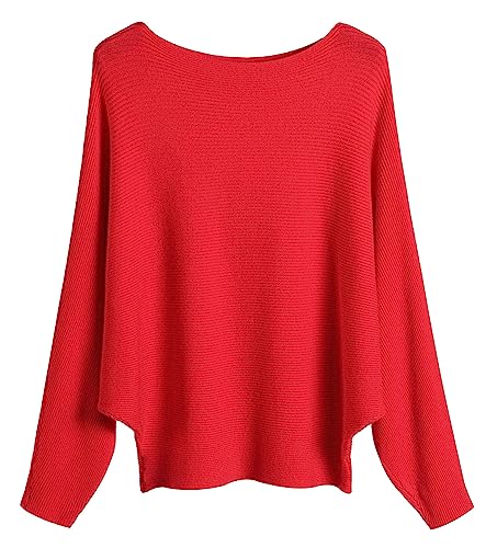 FULIER Boot-Ausschnitt Batwing Ärmel Dolman Lose gestrickte Pullover und Pullis Pullover Tops für Frauen (Red) von FULIER