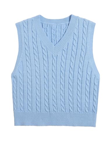 FULIER Damen Weste Ärmelloser Pullunder Sweater Preppy Style Pullover V-Ausschnitt Crop Top Winter Tank Top (Blau,M) von FULIER