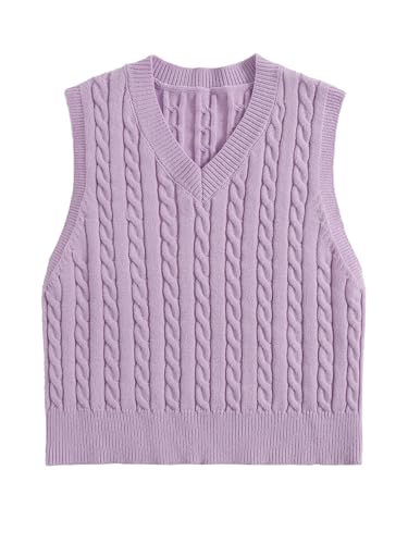 FULIER Damen Weste Ärmelloser Pullunder Sweater Preppy Style Pullover V-Ausschnitt Crop Top Winter Tank Top (Lila,S) von FULIER