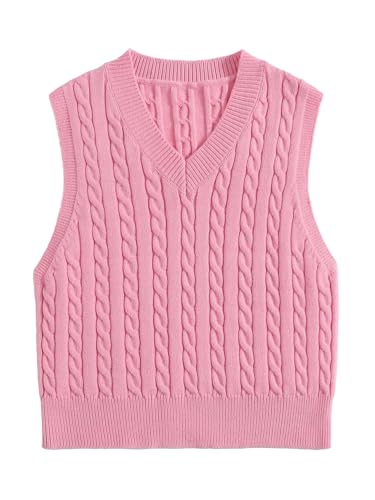 FULIER Damen Weste Ärmelloser Pullunder Sweater Preppy Style Pullover V-Ausschnitt Crop Top Winter Tank Top (Rosa,L) von FULIER