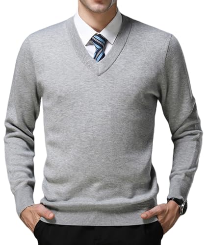 FULIER Herren V-Ausschnitt Pullover Kaschmir Gestrickt Pullunder Casual Langarm Strickjacken Basic Sweatshirt Winter Pullover (Grau,XL) von FULIER