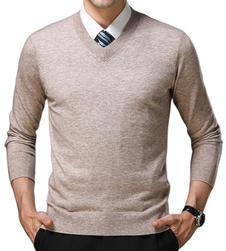 FULIER Herren V-Ausschnitt Pullover Kaschmir Gestrickt Pullunder Casual Langarm Strickjacken Basic Sweatshirt Winter Pullover (Khaki,M) von FULIER